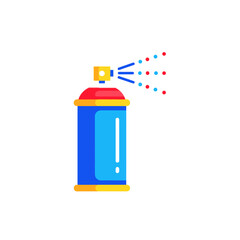 Blue spray can with red top and yellow accents, spraying colorful dots.