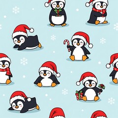 Naklejka premium A seamless pattern of cute cartoon penguins wearing Santa hats for Christmas on a light blue background with snowflakes.