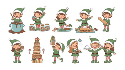 Elf's Preparation for Christmas: A playful illustration depicts a group of elves busily preparing delicious treats and gifts in a festive holiday scene. 