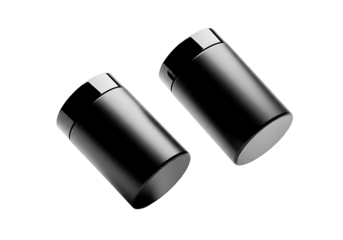 Two black cylindrical containers with lids shown at an angle isolated on transparent background
