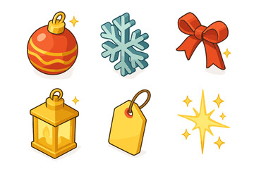 Festive Icon Set. Christmas Shine flat icon set : ornament ball, snowflake charm, festive ribbon, glowing lantern, gift tag, sparkle burst