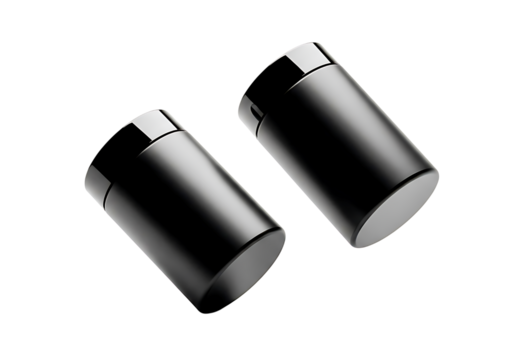 Two black cylindrical containers with lids shown at an angle isolated on transparent background