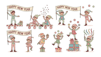 Joyful Elves Celebrate New Year: A collection of lively elves, dressed in festive attire, herald the arrival of the New Year. Each elf is captured in a joyous celebration with banners and gifts.