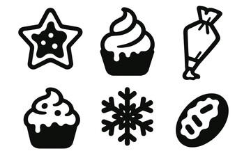 Frosted Delight Icons. Frosted Finishes silhouette icon set : cookie star, icing swirl, piping bag, cupcake, snowflake, candy sprinkle