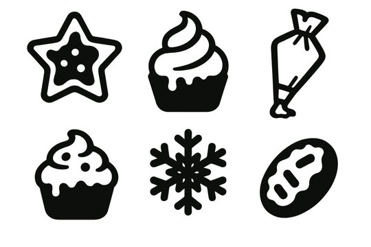 Frosted Delight Icons. Frosted Finishes silhouette icon set : cookie star, icing swirl, piping bag, cupcake, snowflake, candy sprinkle