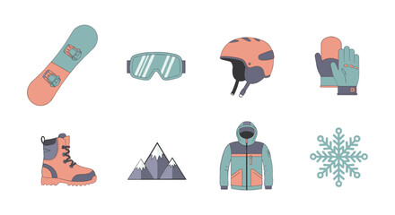 Essential winter sports equipment icons for snowboarding adventures