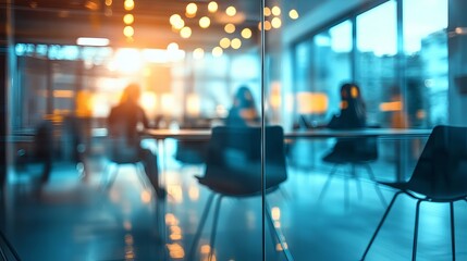 Dynamic collaborative workspace with people brainstorming ideas behind glass walls in a vibrant modern office setting ideal for teamwork and innovation