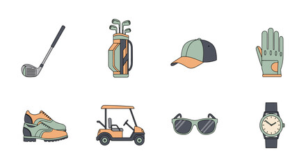 Stylish golf equipment and accessories icons in flat design