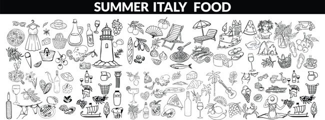 Summer Italy food print, hand drawn travel Mediterranean icon set Italian vintage vacation emblem. Traditional cuisine elements, Amalfi lemon silhouette wine glass bottle. Italy summer bis set design