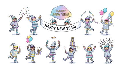 New Year Elves Celebration: A whimsical scene unfolds as cheerful elves, each embracing the festive spirit with joyful antics and playful props, all under a colorful banner. 