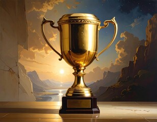 Golden trophy against painted landscape background
