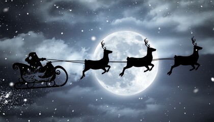 Silhouette of Santa Claus on the sleigh pulled by reindeer flying in the moonlight 