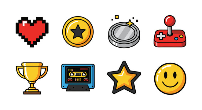 Retro gaming icon set with pixel heart, joystick, trophy, and smiley face - Powered by Adobe