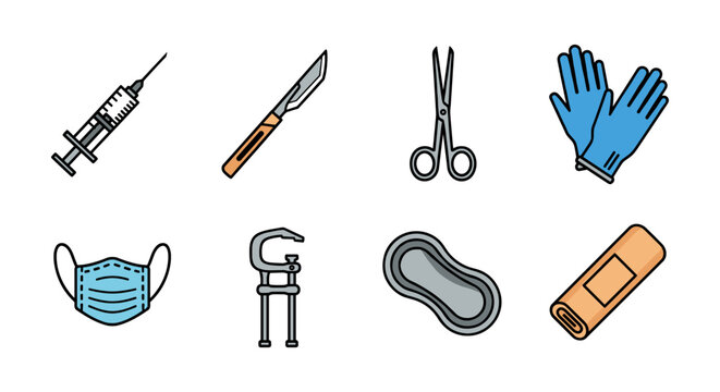 Stylized linear icons of surgical tools and healthcare items on white background