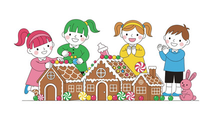 Sweet Creations: A quartet of cheerful children collaborate in constructing a whimsical gingerbread house adorned with colorful candies, radiating festive cheer and creative fun.