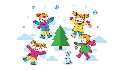 Winter Wonderland Playtime: Playful children gather around a decorated tree to craft cheerful memories. The season of snowy delights.