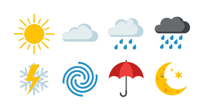 Weather icons set: sun, clouds, rain, snow, wind, umbrella, moon