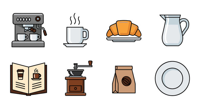 Coffee shop essentials: linear icons of coffee, cups, and breakfast delights