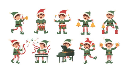 Elf Musicians Playing Holiday Music: A charming group of elf musicians brings holiday joy with a variety of instruments, their cheerful performance filling the air with festive melodies.