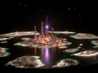 Futuristic city skyline on an island surrounded by water under a starry night sky with light reflections