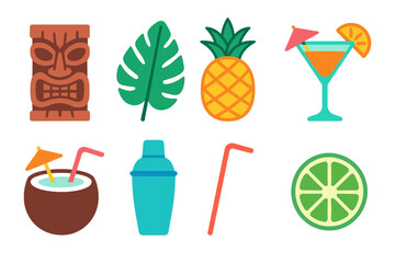 Colorful tropical icons: tiki, cocktails, and fruits for summer vibes