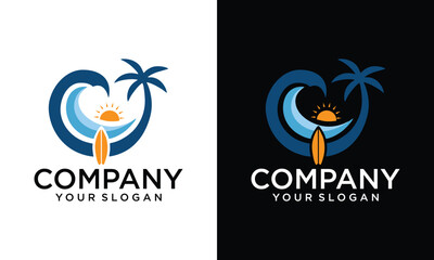 Stylized summer beach logo featuring palm tree and ocean wave