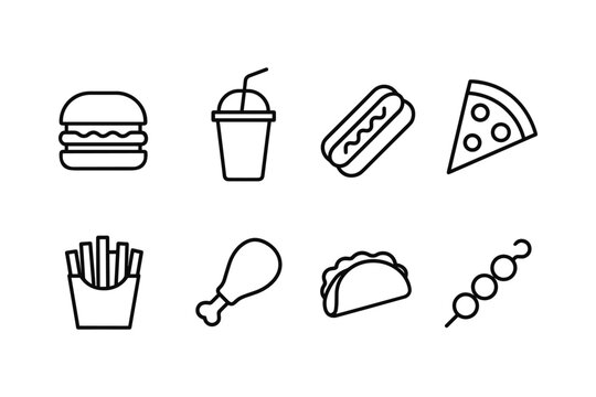 Minimalist fast food icons featuring burgers, beverages, and snacks in line art style - Powered by Adobe