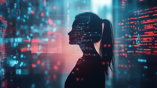 Futuristic profile of a woman with glowing data streams, showcasing innovation, AI, and digital transformation for forward-thinking technology companies