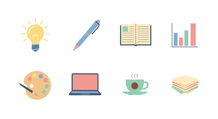 Creative set of iconic office and study essentials in pastel colors