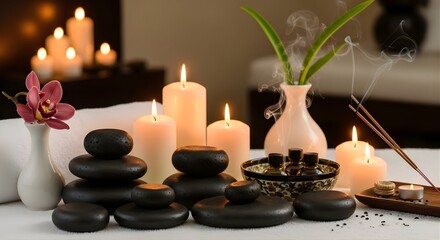 Zen spa experience with stones, candles, oils.
A tranquil spa scene with smooth hot stones, ambient flickering candles, aromatic incense, and essential oils. Ideal for relaxation.