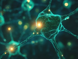 A close up view of teal colored neuron cells with glowing yellow spots in a dark background