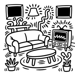 Hand drawn color sketch of modern luxury kitchen interior with panoramic window Interior design concept	