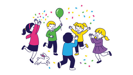 Joyful Celebration: A group of children celebrate a happy moment with balloons and confetti, full of innocent joy and happiness, creating a vivid atmosphere of delight.