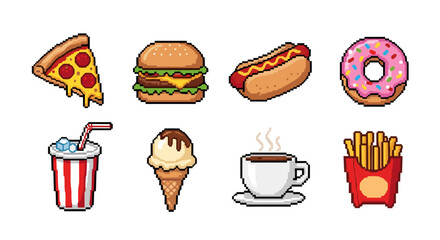 Retro pixel art set of fast food favorites: pizza, burger, hot dog, donut, milkshake, ice cream, coffee, and fries