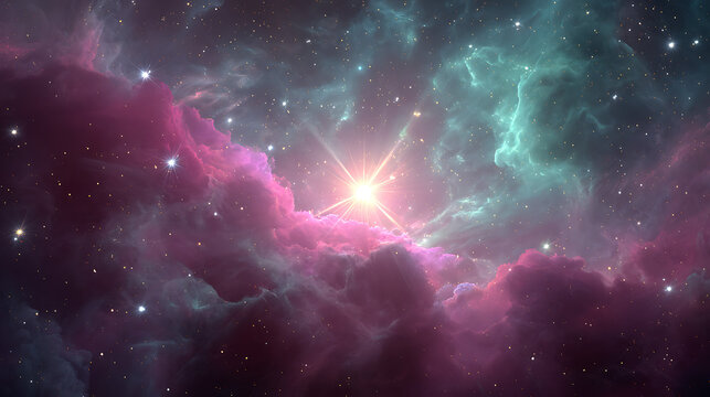 Radiant star illuminating vibrant cosmic clouds and distant galaxies nebula space