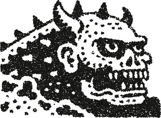 Horned ogre monster head vector illustration with sharp teeth and spotted skin in gritty stipple dotwork style
