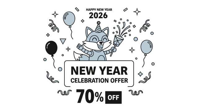 New Year Celebration Offer: A festive cartoon fox, embodies the jubilant spirit of the New Year, a playful design inviting celebration. 