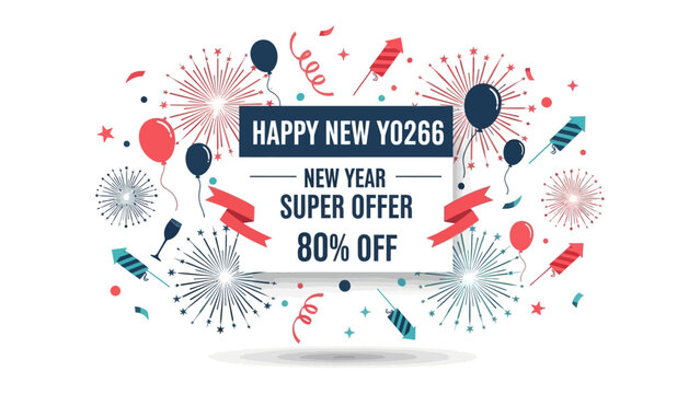 New Year Super Offer Banner: A festive banner with a message about New Year's offers with fireworks and celebratory elements, promoting a sense of joy and excitement.