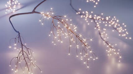 Delicate fairy lights on branches creating a magical winter wonderland effect