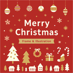 Fototapeta premium Festive merry christmas greeting card elements featuring ornaments trees gifts and snowflakes on red background