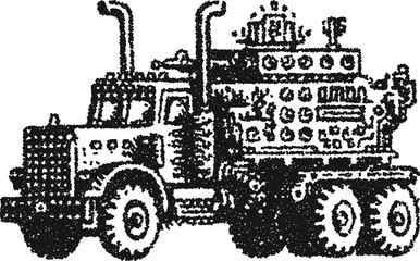Heavy monster truck with industrial machinery load, retro stipple vector illustration for dystopian road warrior poster and tshirt graphic