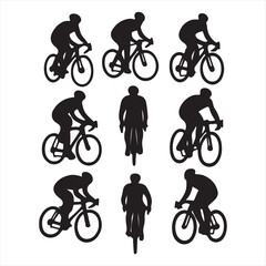 Fototapeta premium Collection of silhouetted cyclists in various poses and angles on bicycles