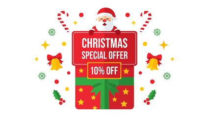 Festive Christmas Special Offer: A cheerful Christmas-themed illustration featuring Santa Claus with a festive message of a special 10% discount on a gift. 
