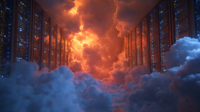 Server racks bathed in dramatic fiery clouds data center