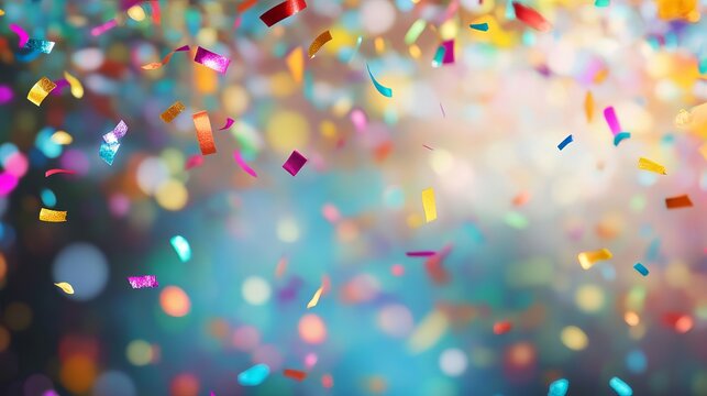 Celebrate success with vibrant confetti and bokeh lights, perfect for party invitations, cheerful announcements, and festive social media posts