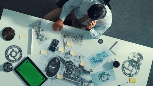 Top view of engineer looking at phone while working on tablet with green screen at meeting table with turbine engine or jet engine sketch design and various metal gear scatter around. Alimentation.