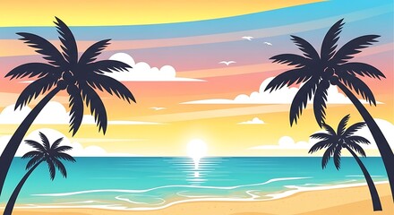 Obraz premium Vibrant Tropical Beach Sunset with Silhouetted Palm Trees and Ocean Waves.