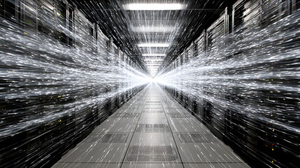 Server room data stream light trails data center technology