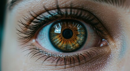 Womans eye with green iris and long eyelashes, close-up. Optometrist medical examination. Vision care and human anatomy concept for ophthalmology.