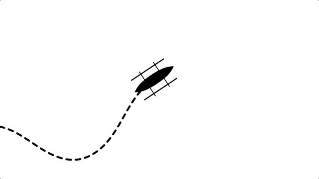 fishing boat with dotted path to the top right animation on white background. 4k video dashed line path route animation